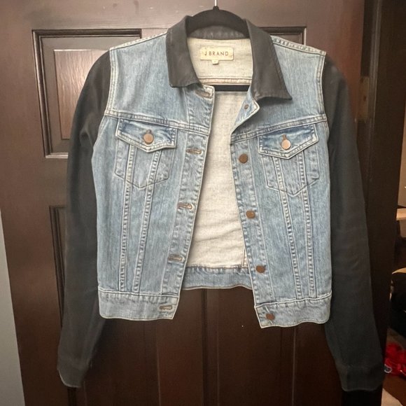 J BRAND BOWIE TWO-TONE DENIM JACKET, SIZE SMALL, BLACK/BLUE COLOR-BLOCK … - Picture 2 of 9